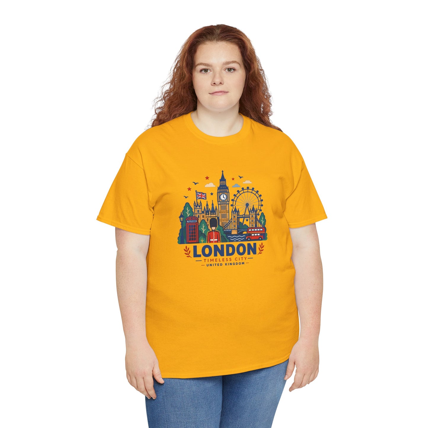 Yellow crew-neck T-shirt with London skyline graphic, worn by a model.