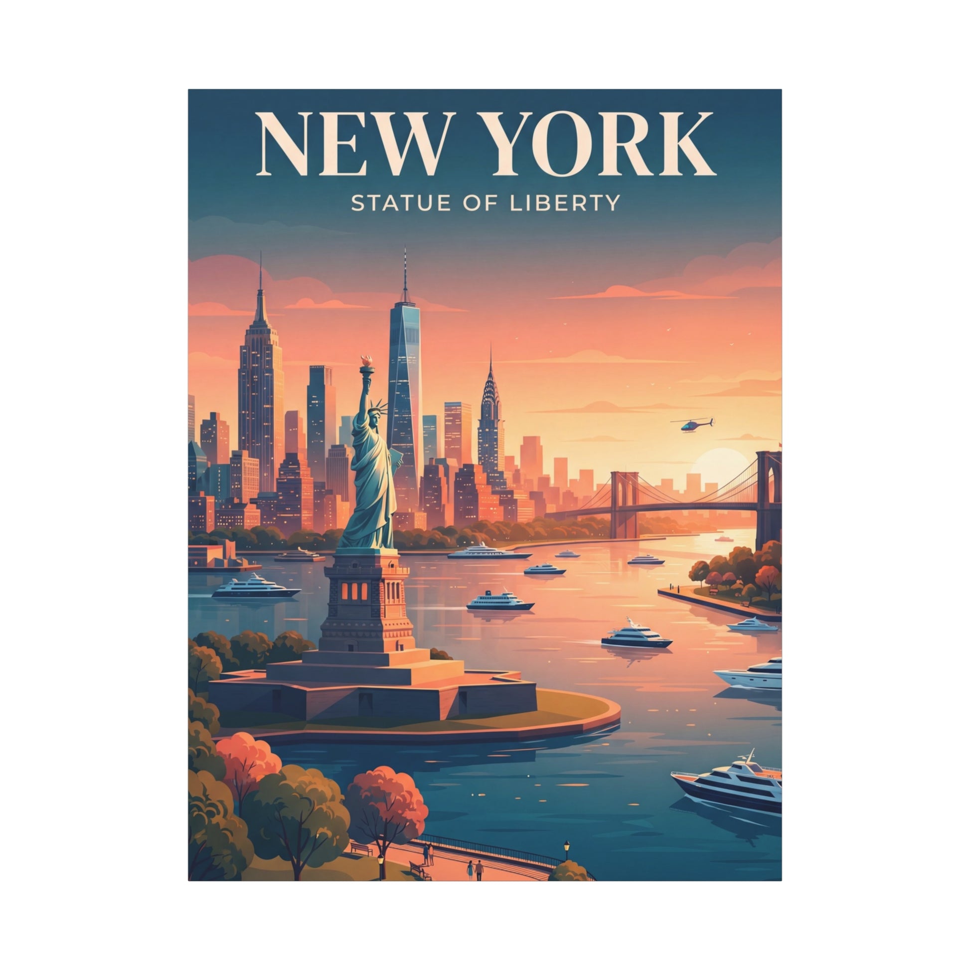Rectangular canvas wall art with Statue of Liberty, harbor water, and city skyline at dusk