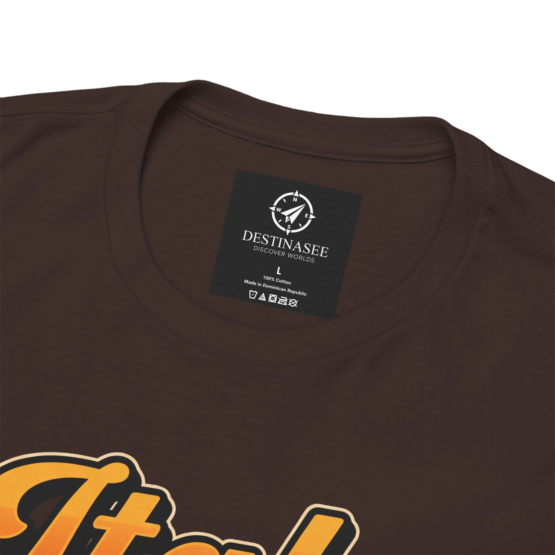 Dark brown T-shirt back neckline with small square label near collar