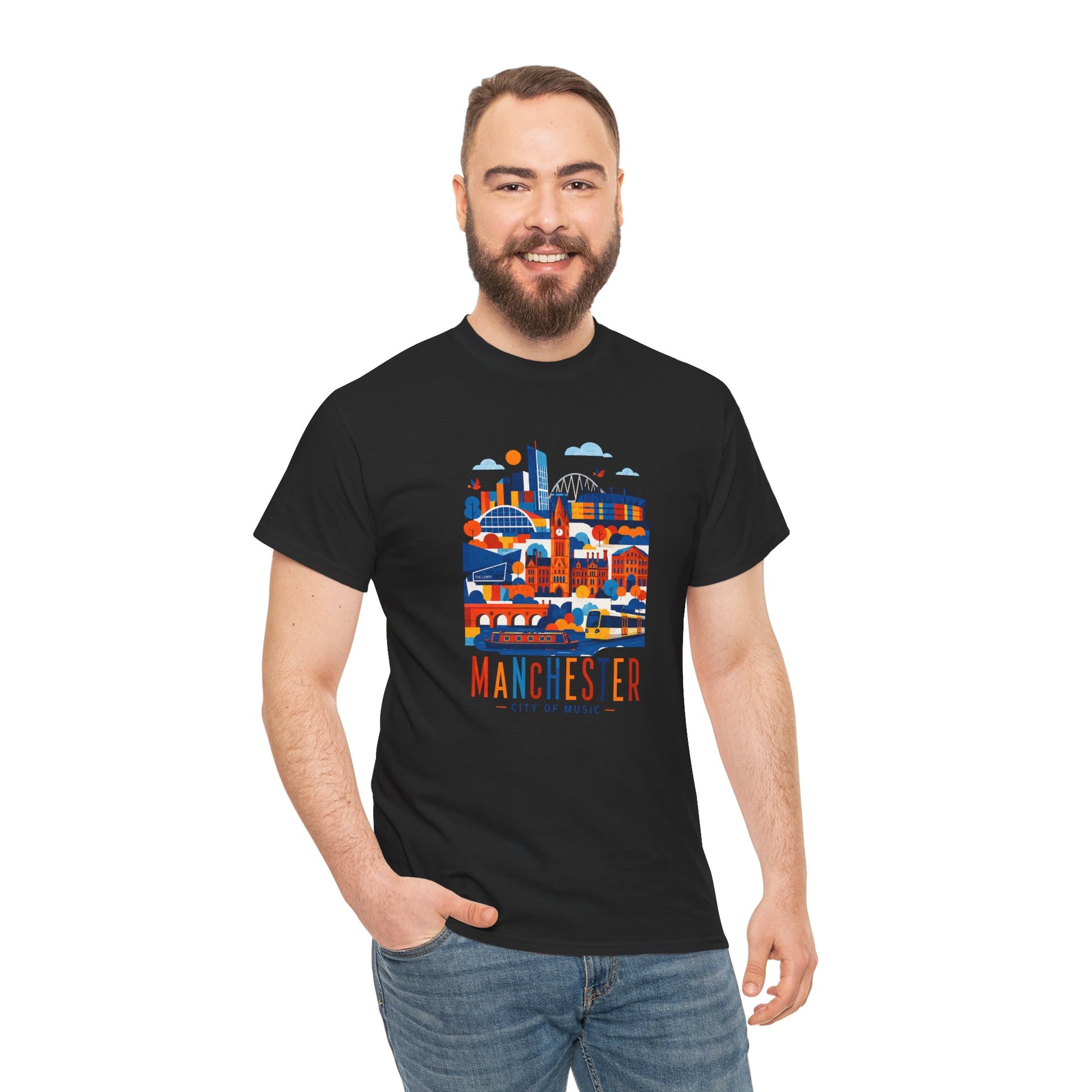 Manchester Skyline T-shirt, black crew neck with Manchester skyline graphic, front view