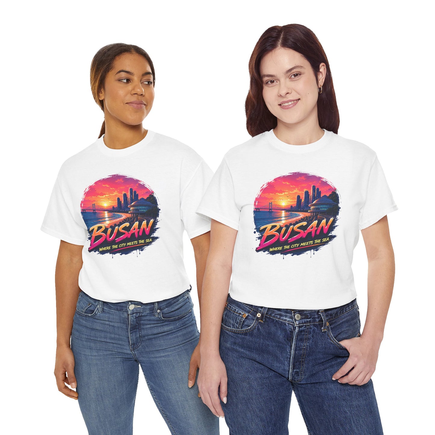 White crewneck t-shirt with Busan sunset city graphic on front, short sleeves