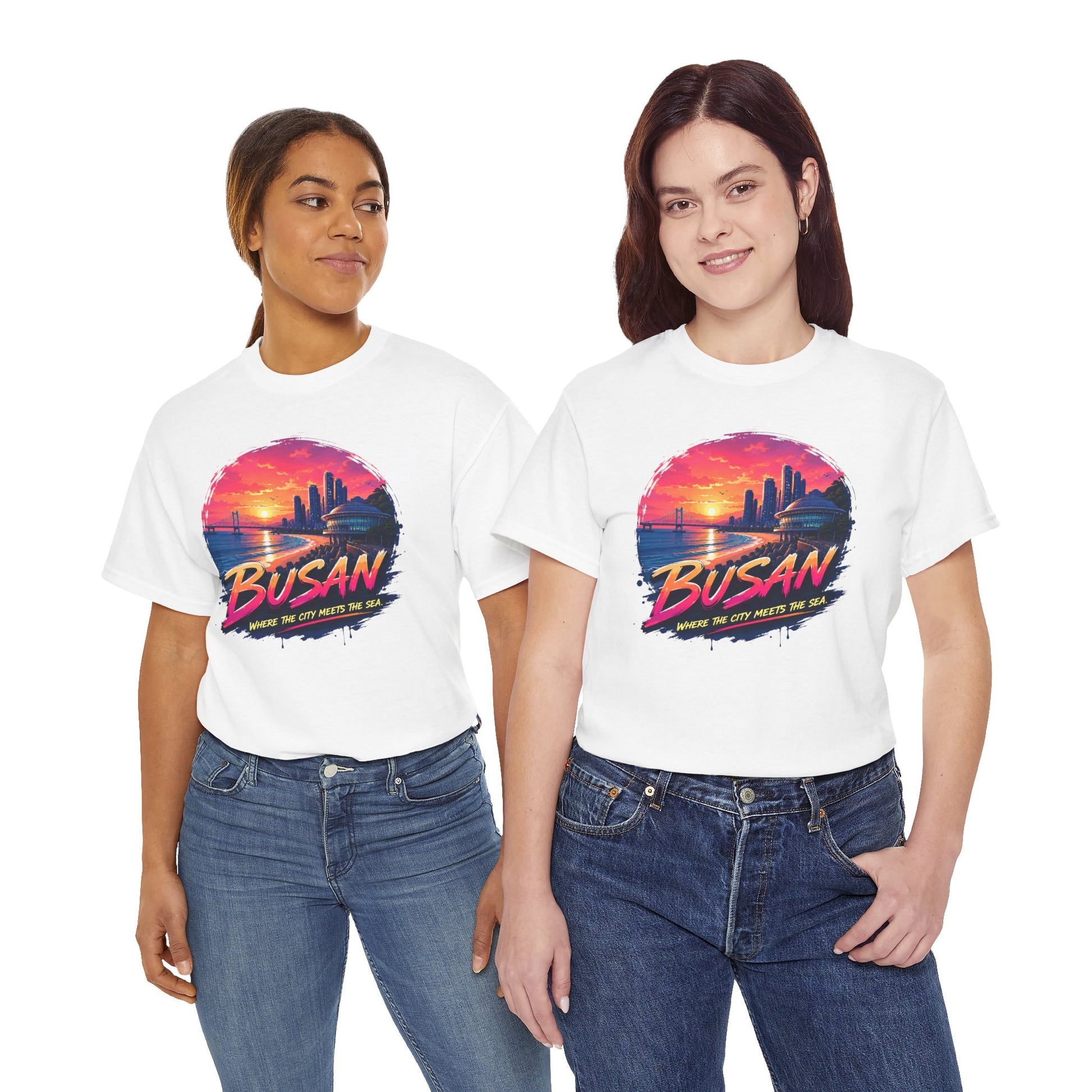 White crewneck t-shirt with Busan sunset city graphic on front, short sleeves