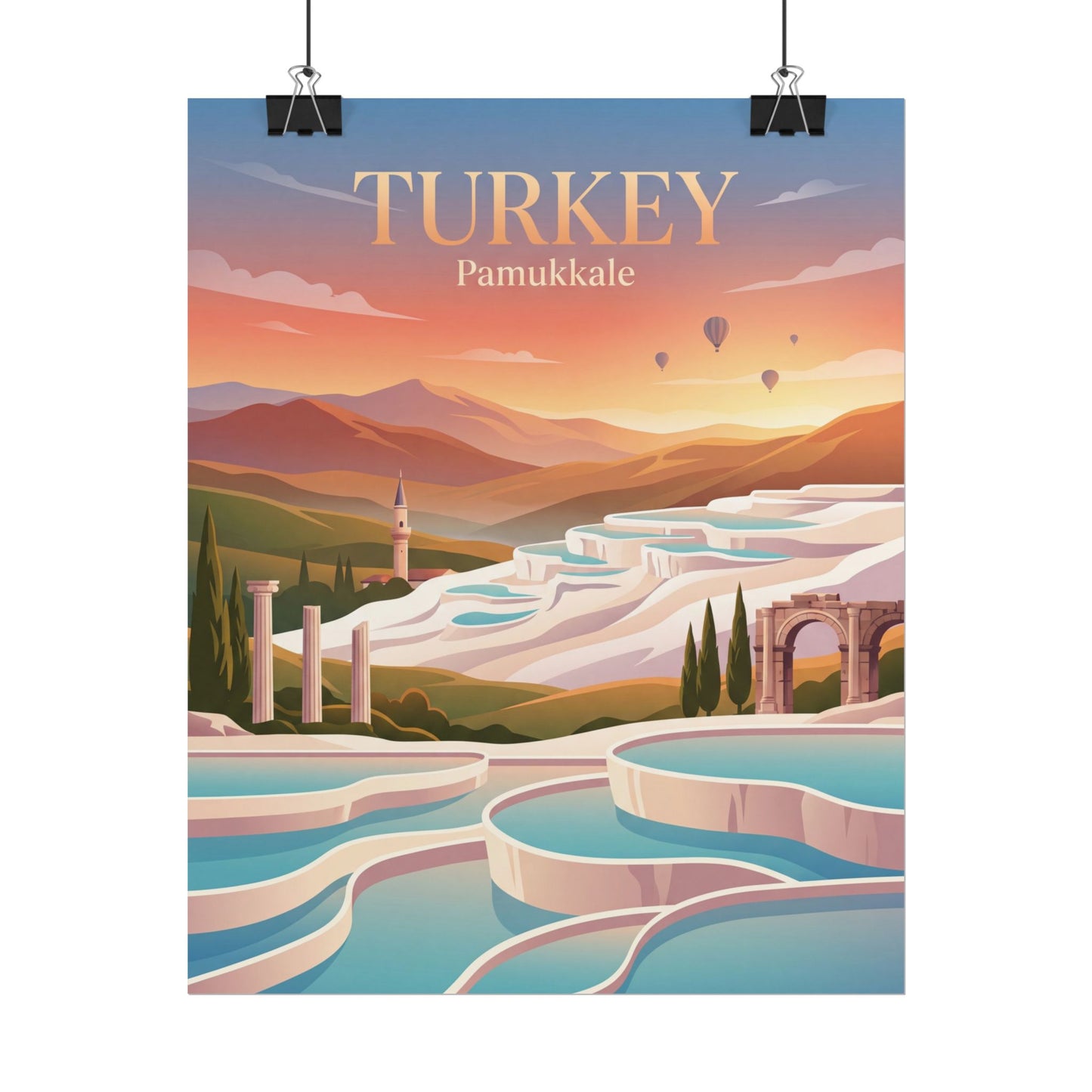 Vertical travel poster with “TURKEY” and “Pamukkale” over terraced white-blue pools landscape