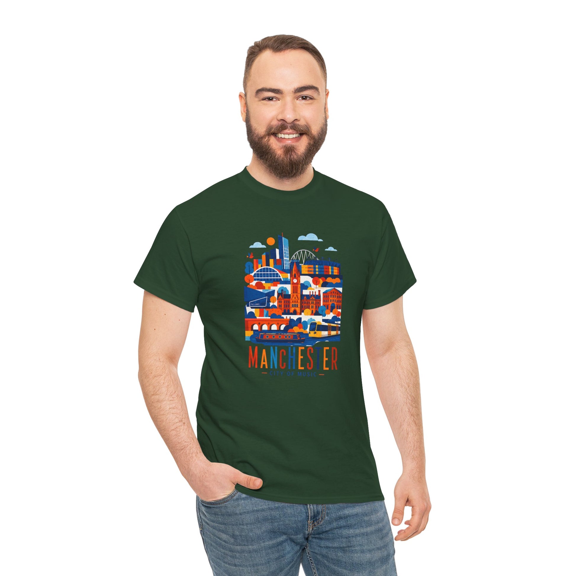 Forest green Manchester skyline T-shirt with front city graphic and “MANCHESTER” text