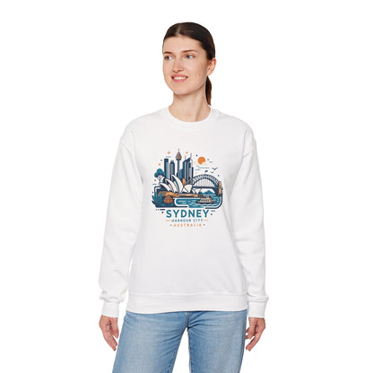 White crewneck sweatshirt with Sydney Harbor City graphic on the front