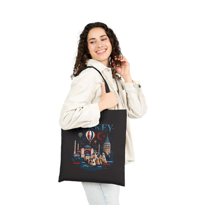 Black travel tote bag with colorful Turkey landmark print and long fabric handles