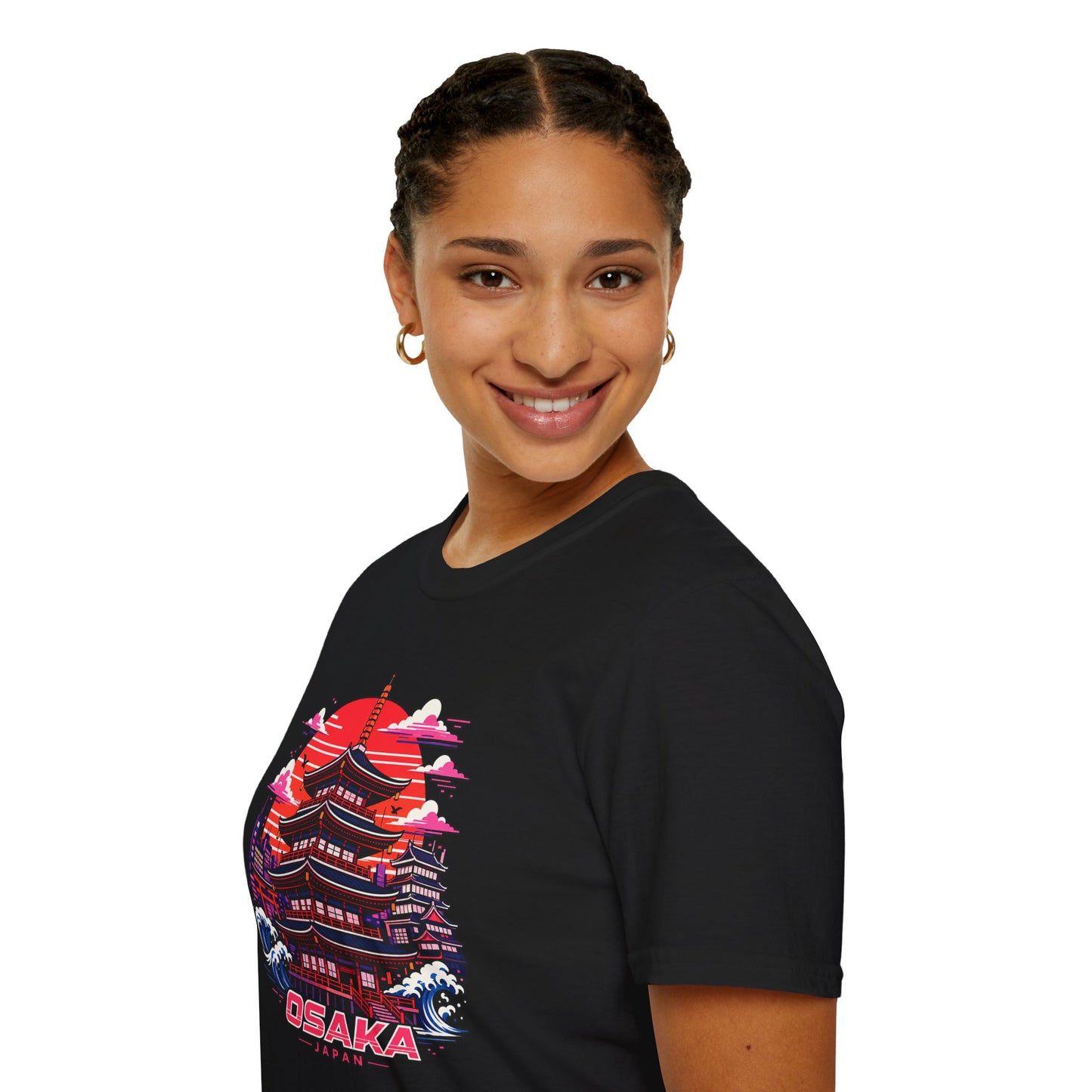 Black T-shirt with Osaka graphic print on the side, worn by a person.