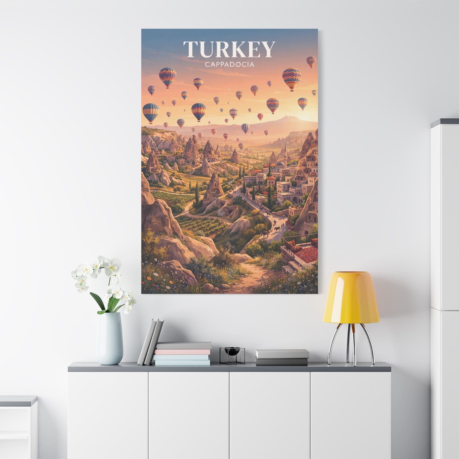 Turkey Cappadocia canvas wall art with hot air balloons over canyon homes