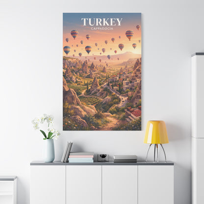 Turkey Cappadocia canvas wall art with hot air balloons over canyon homes