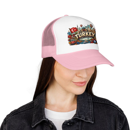 Light pink and white trucker hat with pale pink brim on woman, front patch visible
