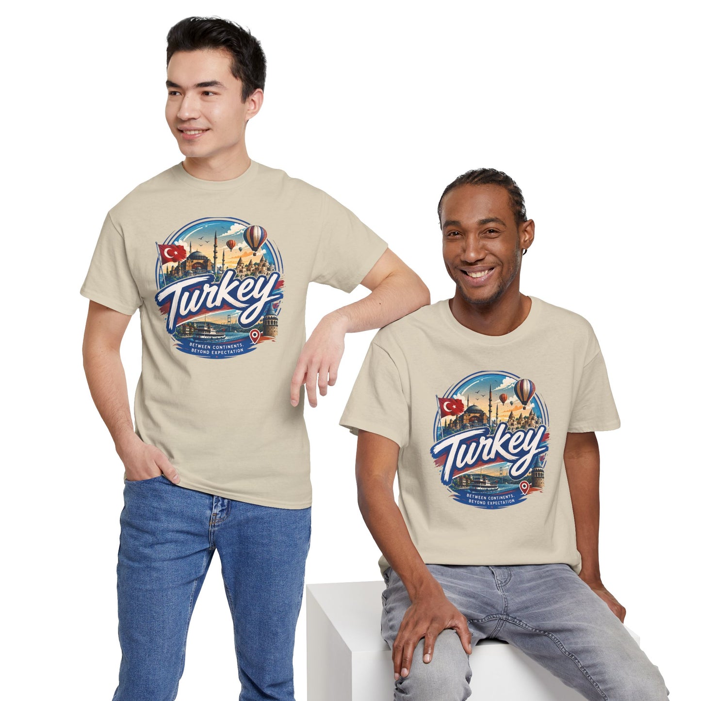 Beige crewneck T-shirt with Istanbul Turkey graphic print, worn by two models