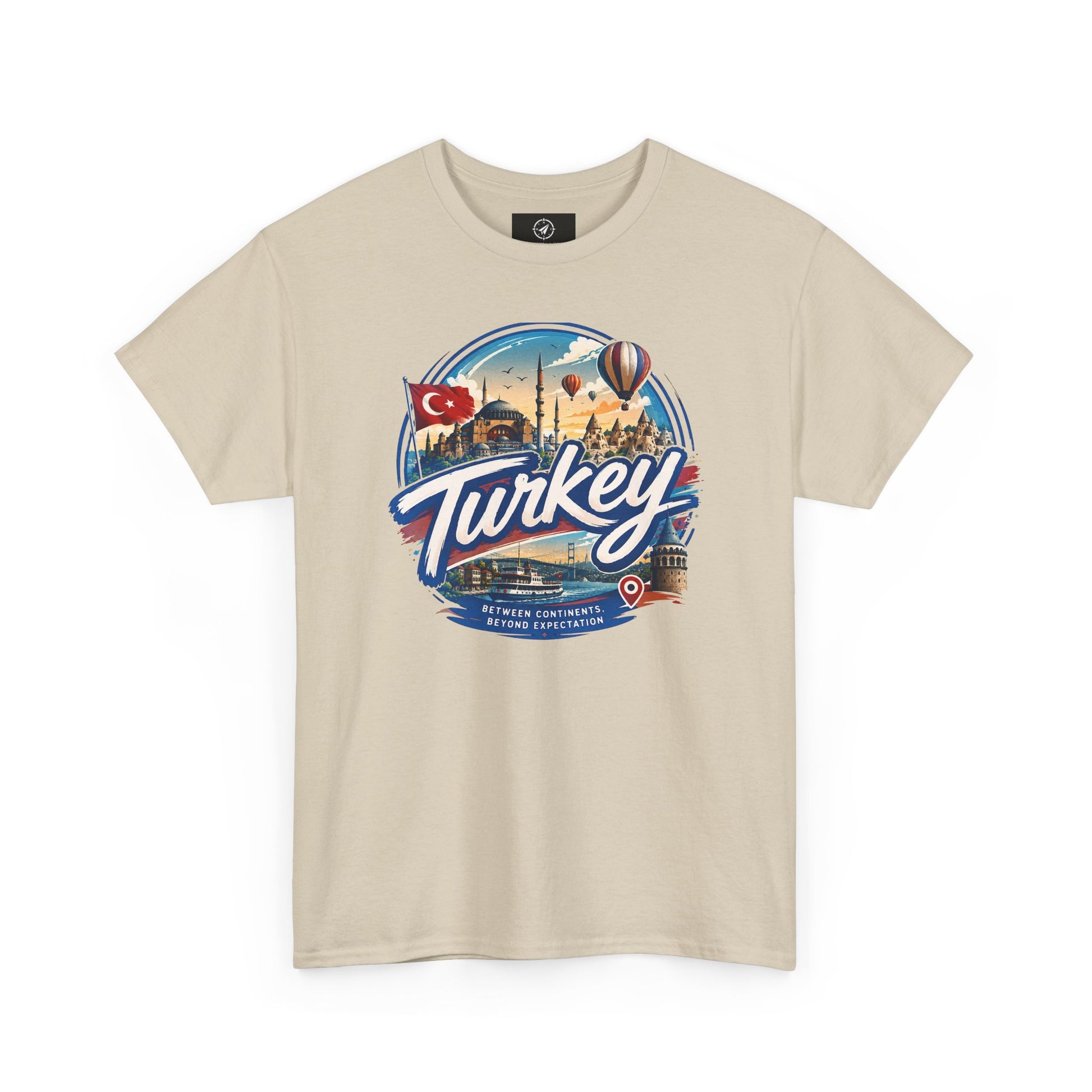 Sand beige crew-neck T-shirt with “Turkey” travel emblem graphic