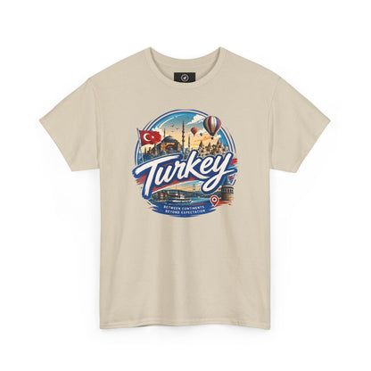 Sand beige crew-neck T-shirt with “Turkey” travel emblem graphic