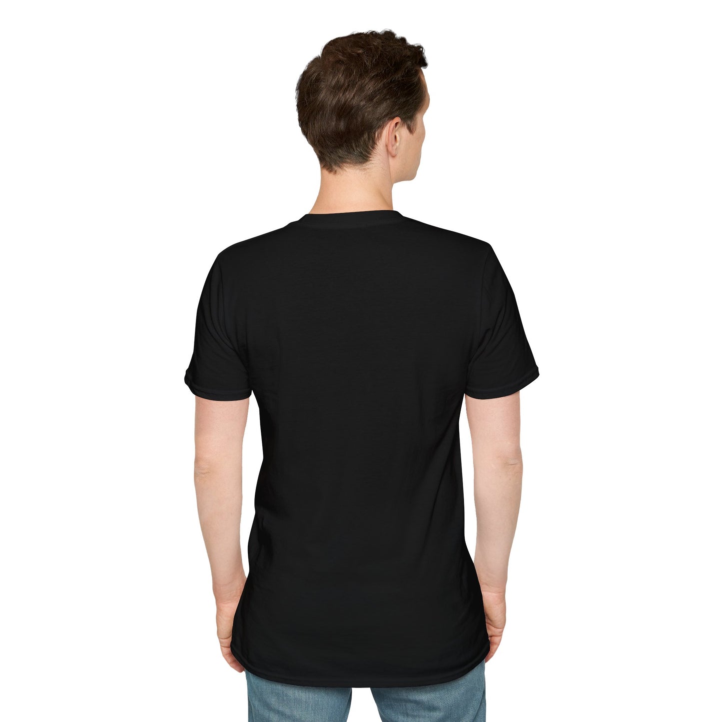 Black T-shirt back view with crew neck and short sleeves, plain fabric