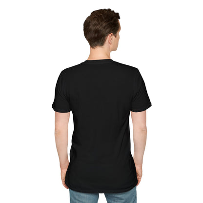 Black T-shirt back view with crew neck and short sleeves, plain fabric