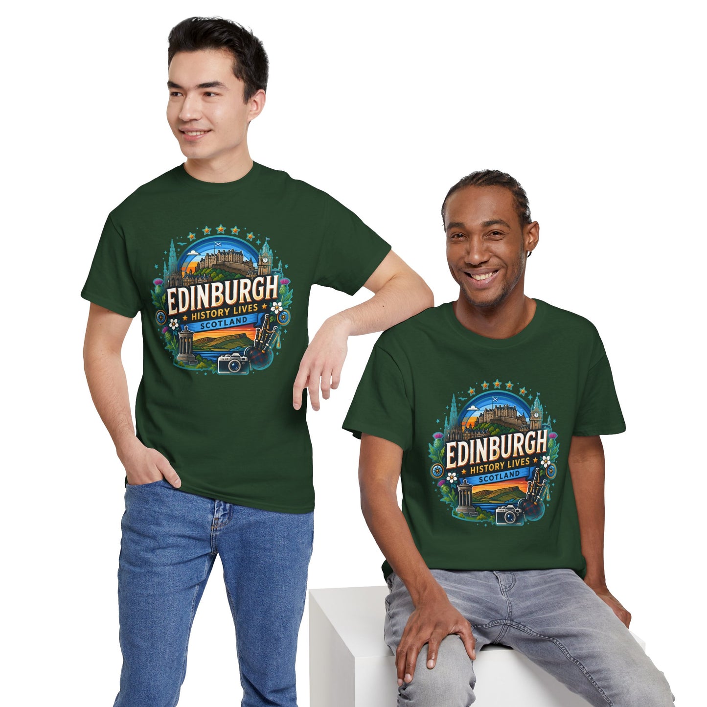 Forest green travel T-shirt with front Edinburgh emblem graphic, crew neck, short sleeves