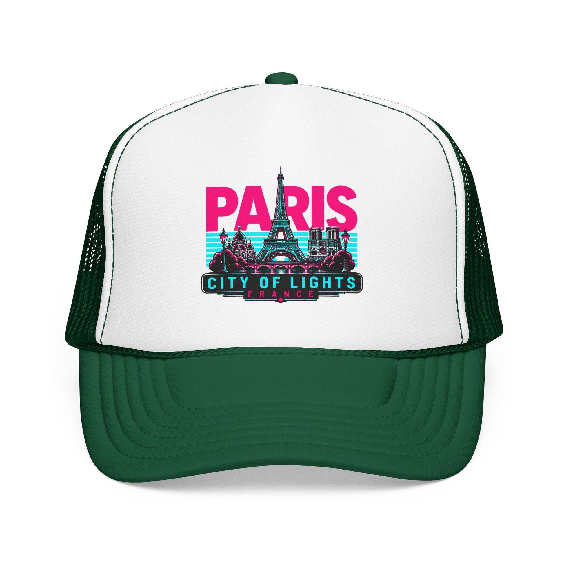 White trucker hat with black mesh sides and Paris City of Lights graphic, dark green crown.