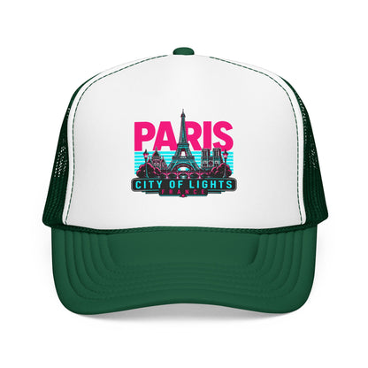 White trucker hat with black mesh sides and Paris City of Lights graphic, dark green crown.