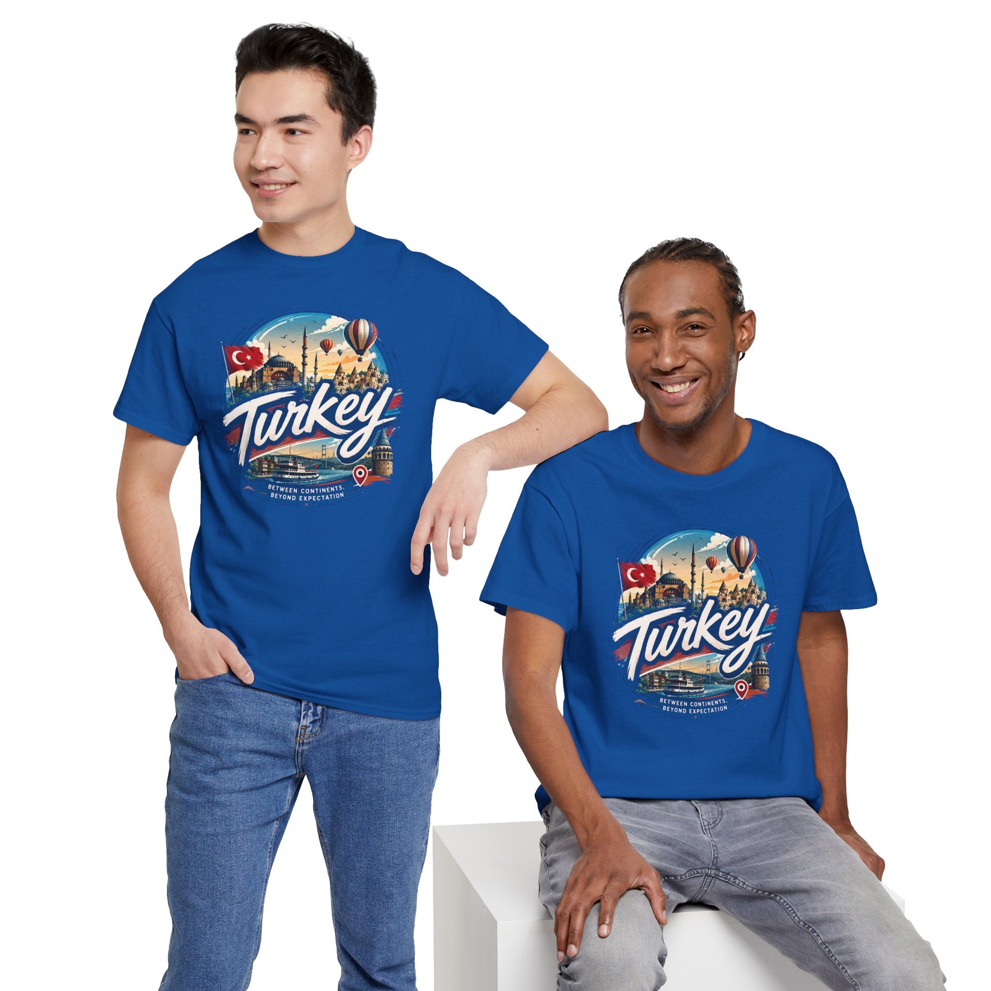 Royal blue travel T-shirt with 'Turkey' circular graphic on chest