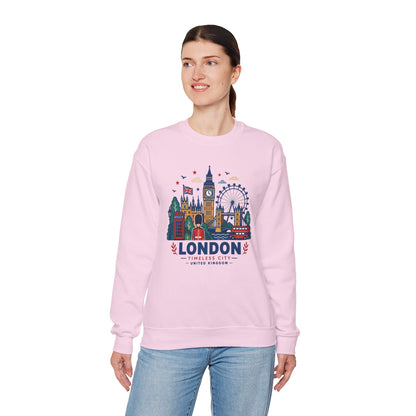 Light pink crewneck sweatshirt with colorful London skyline graphic