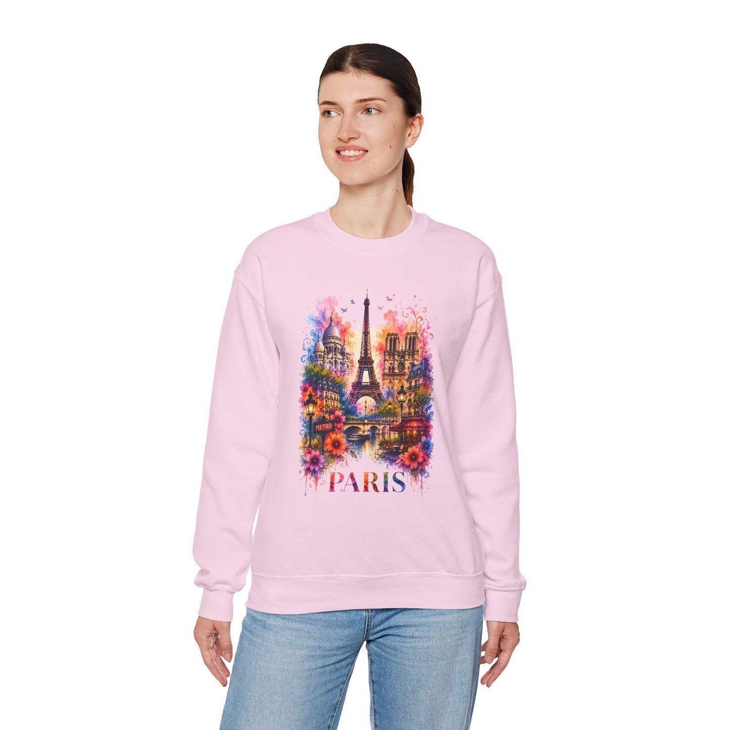 Light pink crewneck sweatshirt with watercolor Eiffel Tower and floral graphic, PARIS text