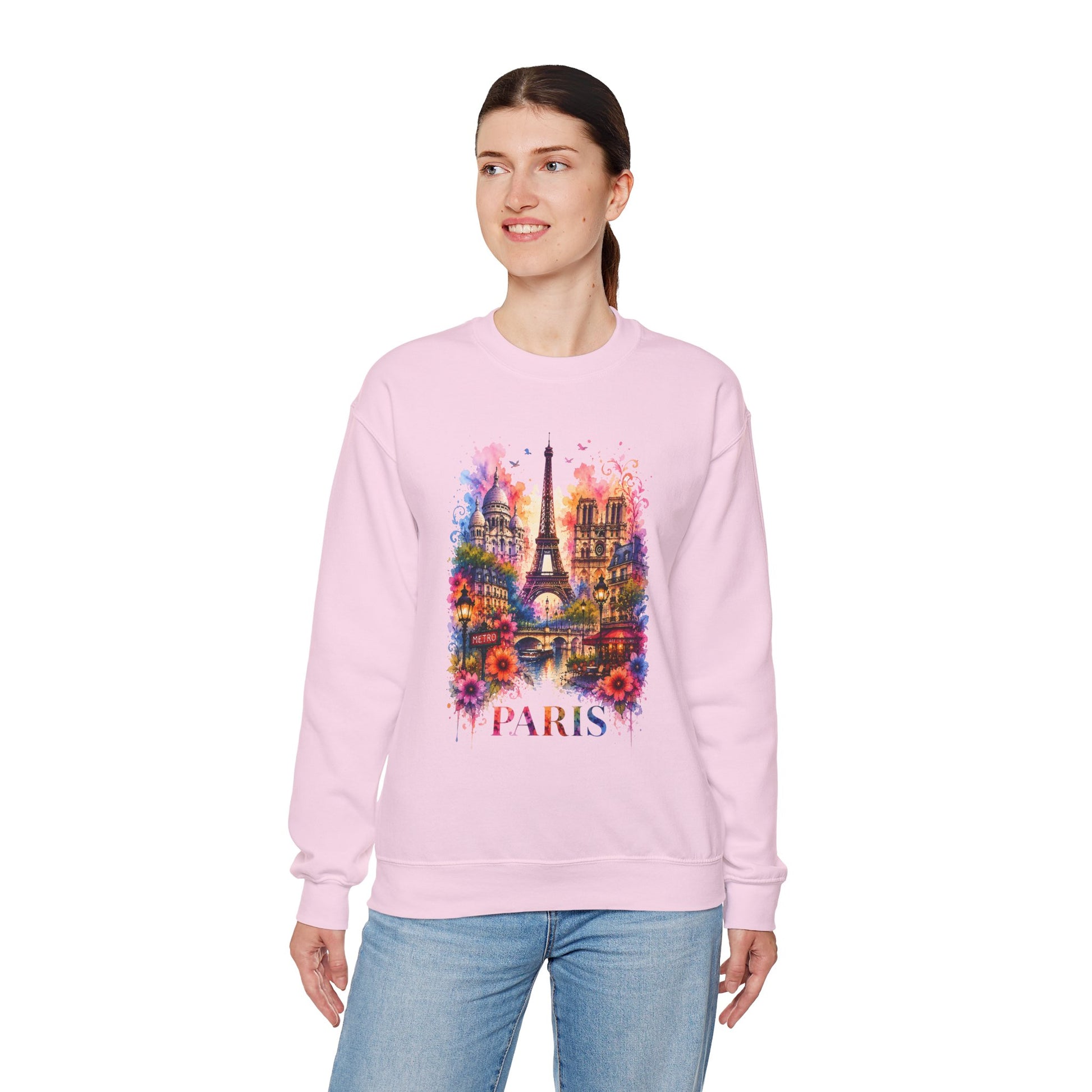 Light pink crewneck sweatshirt with watercolor Eiffel Tower and floral graphic, PARIS text