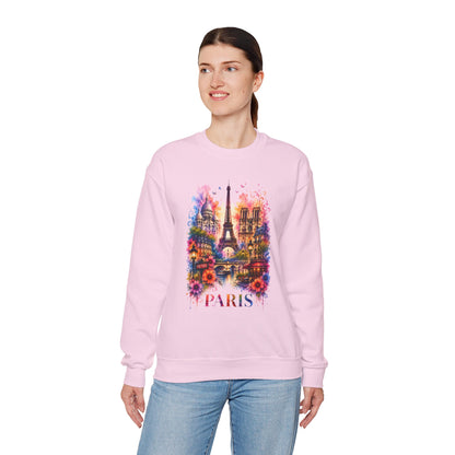 Light pink crewneck sweatshirt with watercolor Eiffel Tower and floral graphic, PARIS text