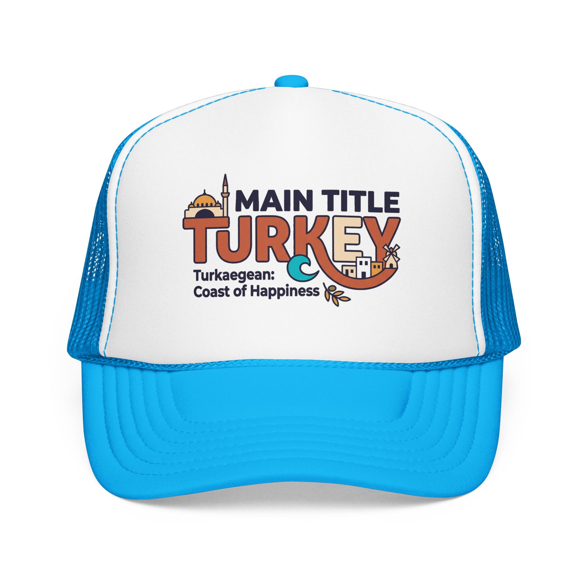 White foam trucker hat with light blue brim and blue mesh sides, front Turkey logo.