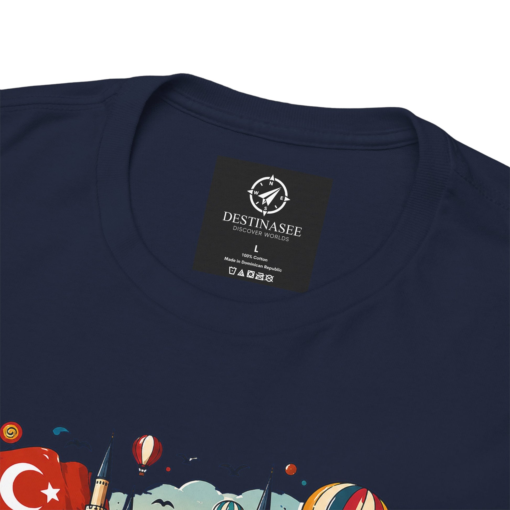 Navy graphic tee with small neck label and partial bottom graphic detail