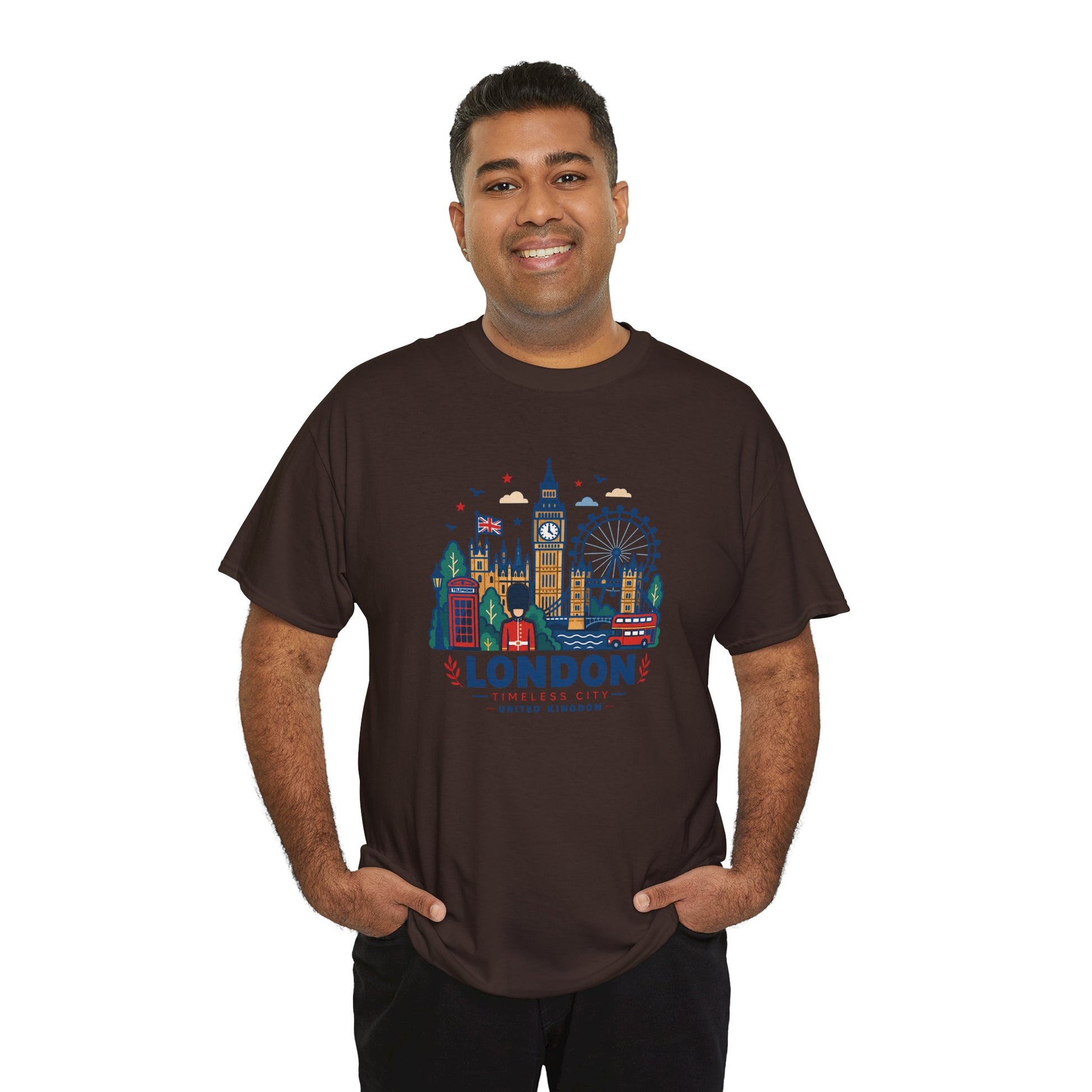 Dark brown London skyline T-shirt with colorful city graphic on the chest