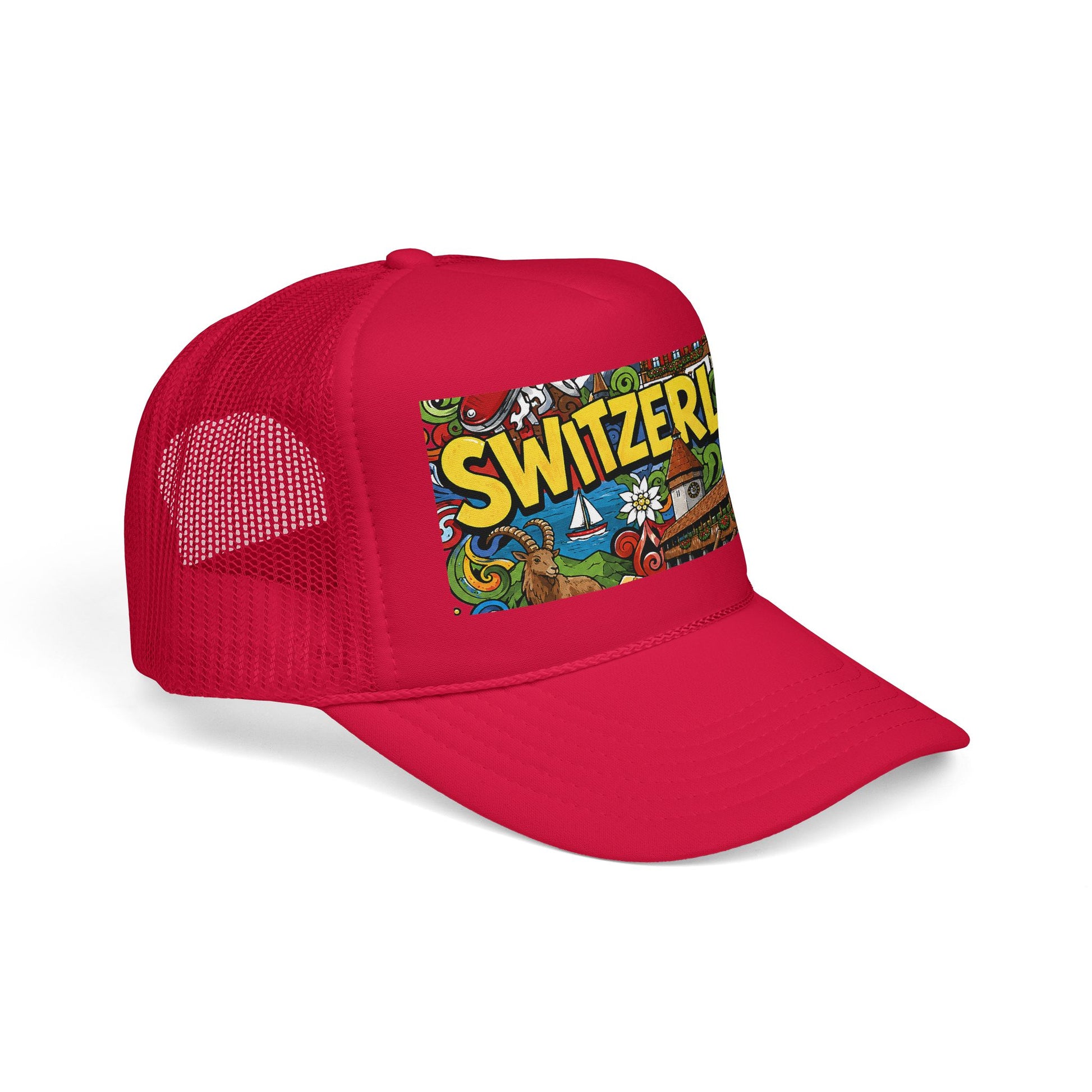 Red trucker hat with colorful Switzerland front graphic and red mesh sides