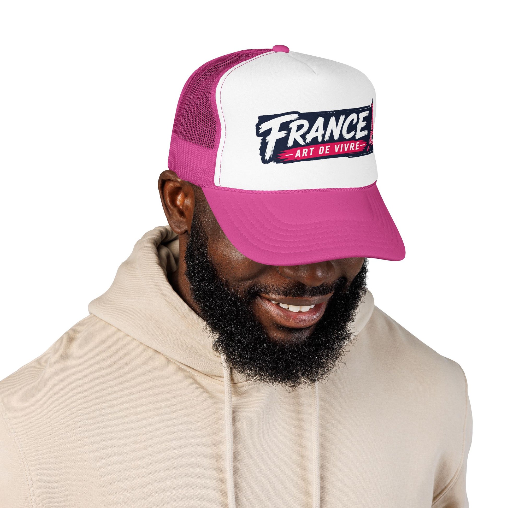 Two-tone trucker hat on model: white front, magenta mesh, “FRANCE Art de Vivre” print