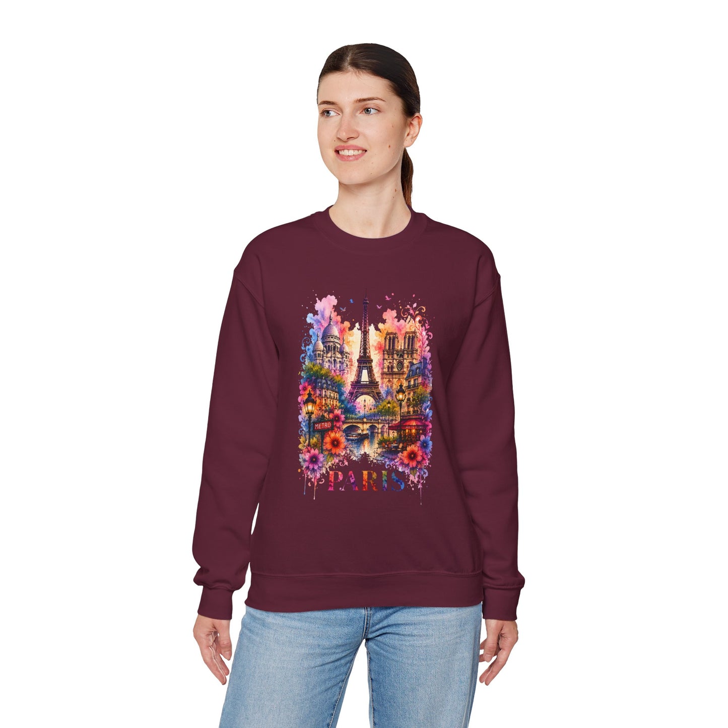 Maroon crewneck sweatshirt with colorful Paris Eiffel Tower watercolor graphic
