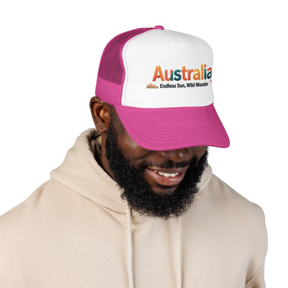 Hot pink and white trucker cap with magenta brim; embroidered “Australia” graphic.