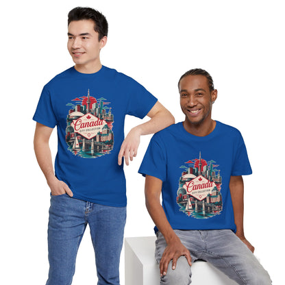 Royal blue crewneck T-shirt with colorful “Canada” skyline graphic on the chest