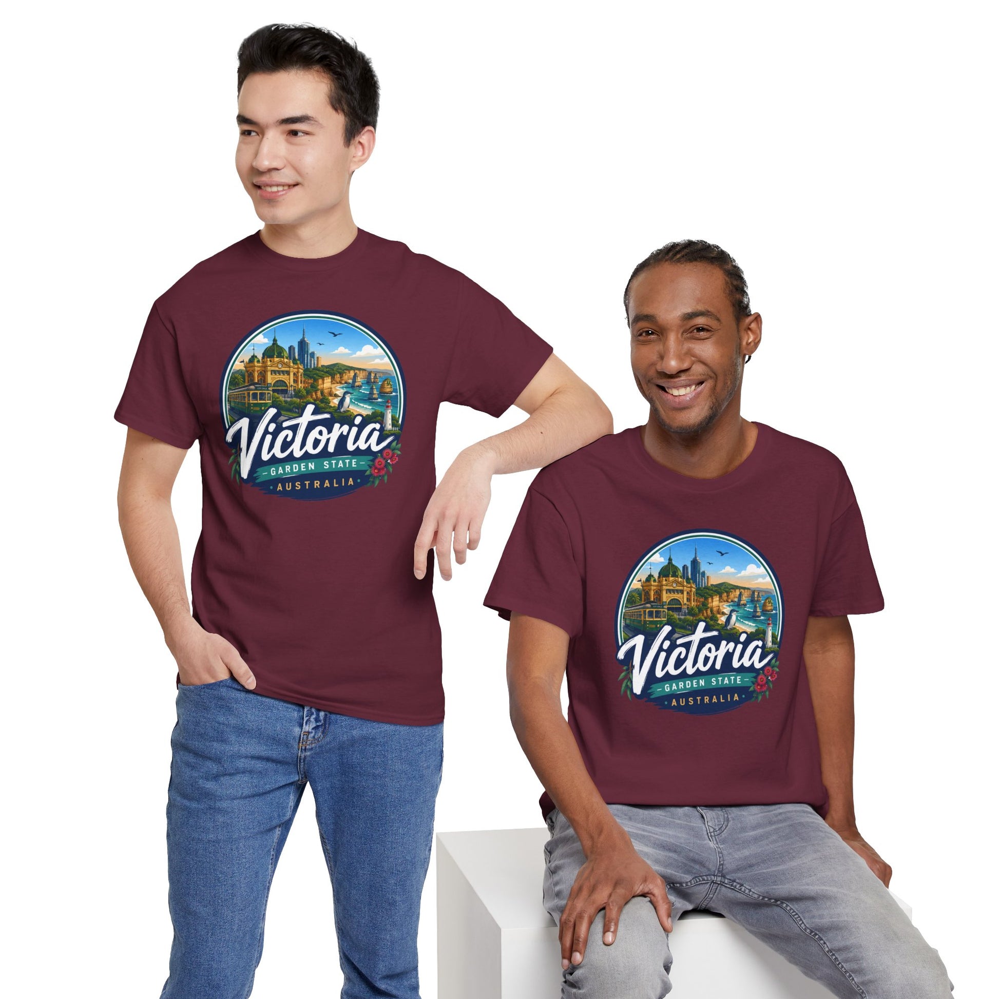 Maroon Victoria travel tee with circular city graphic on the chest
