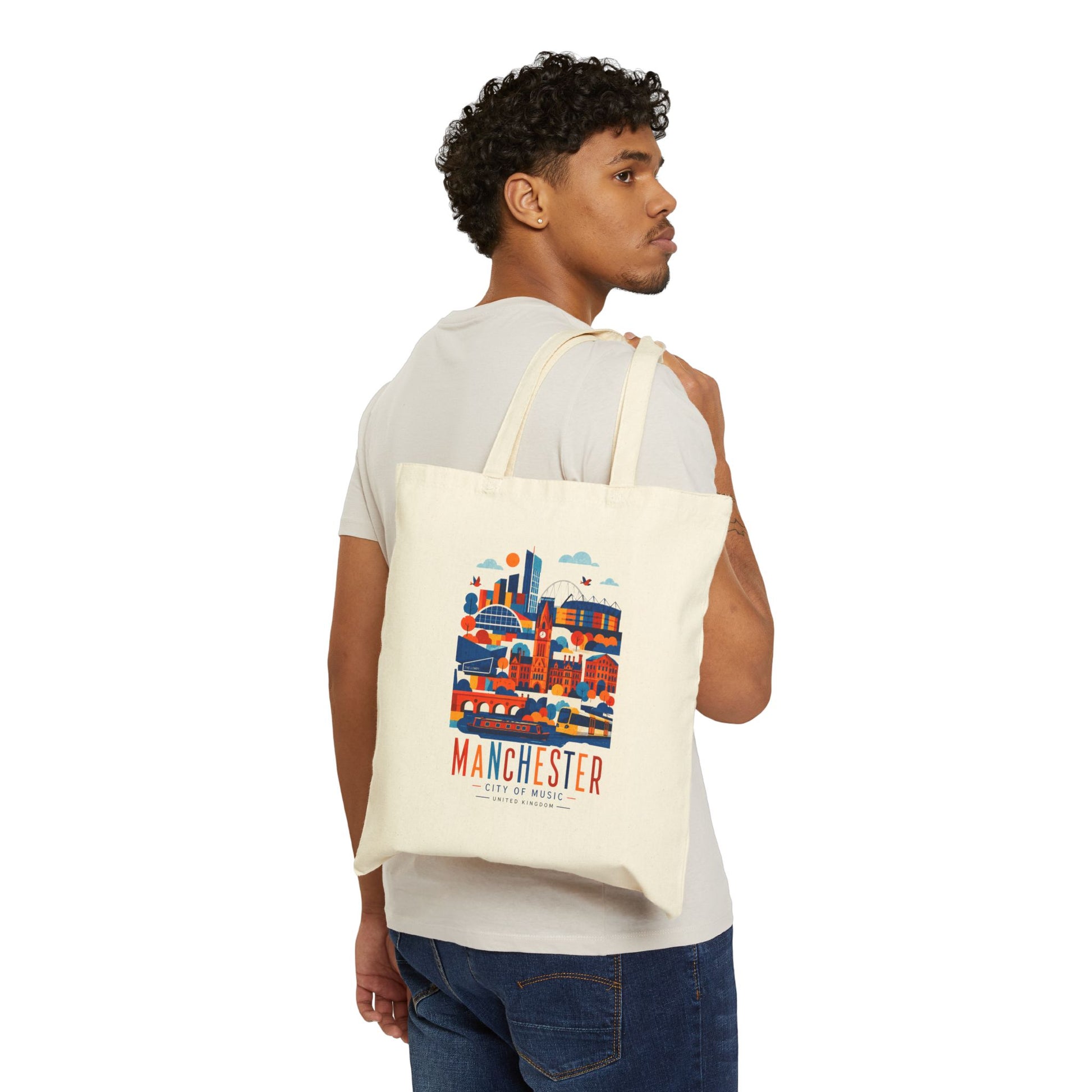 Natural cotton tote bag with long handles, Manchester skyline graphic front.
