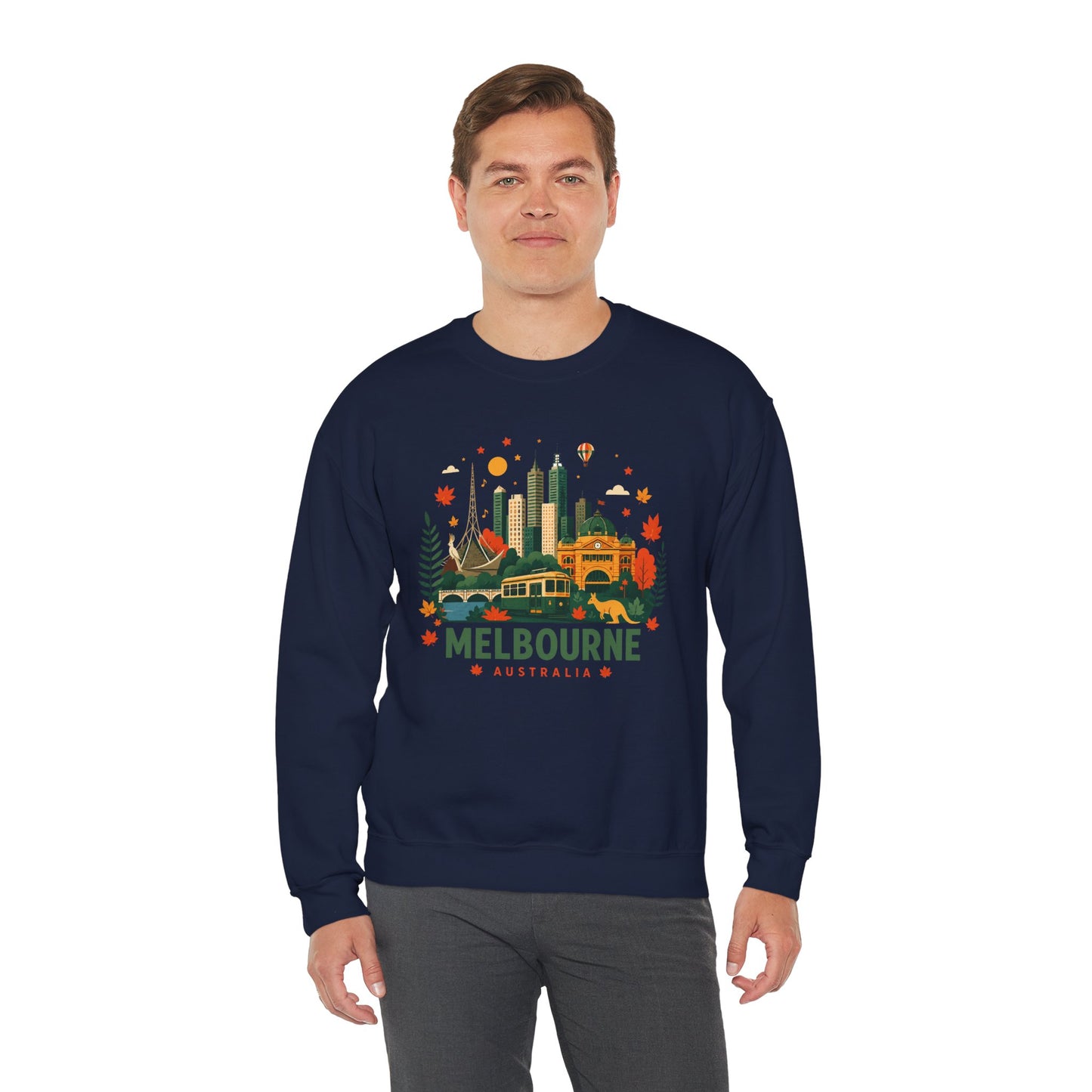 Melbourne cityscape sweatshirt, navy crewneck with front Melbourne graphic