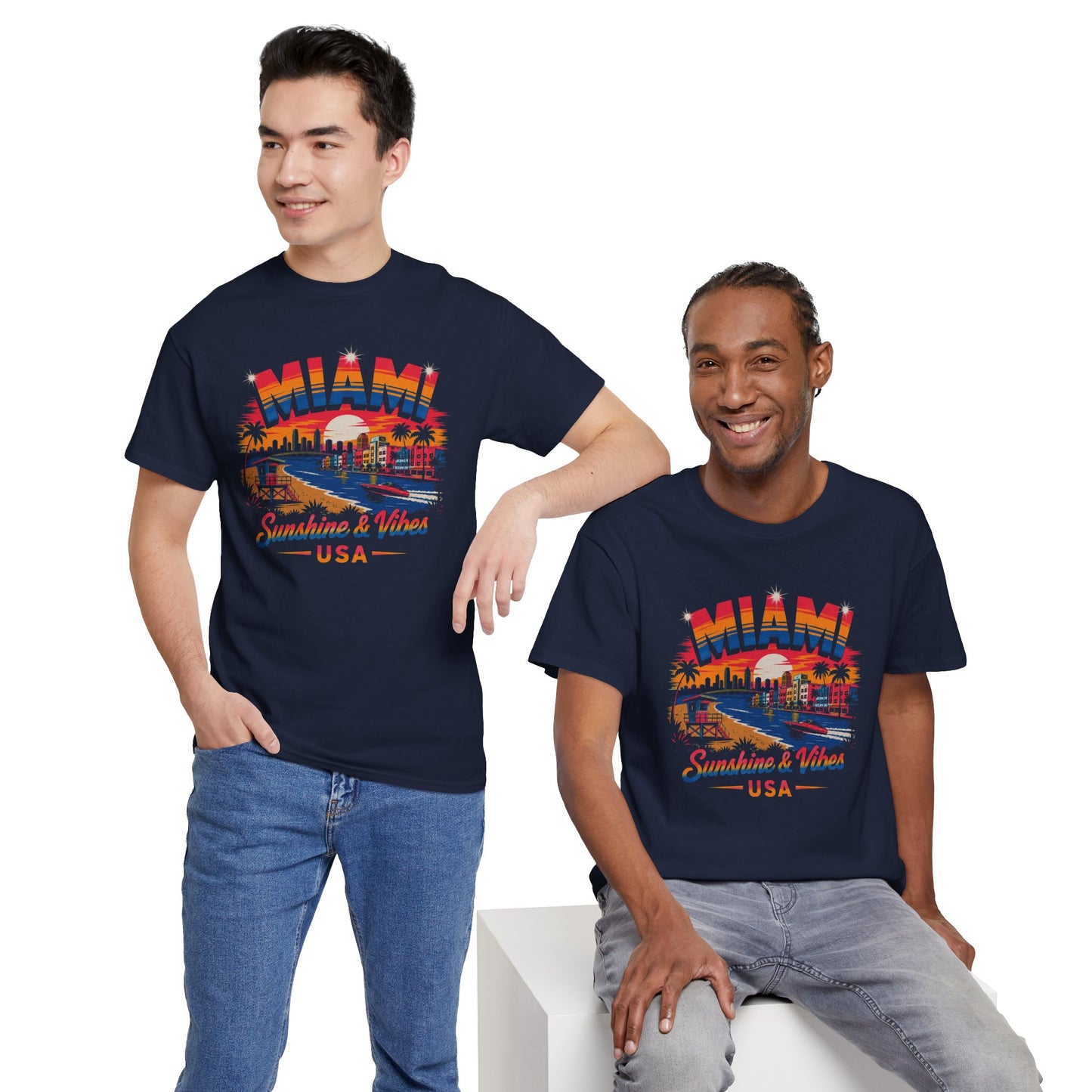 Navy Miami graphic T-shirt with colorful “Sunshine & Vibes” front print