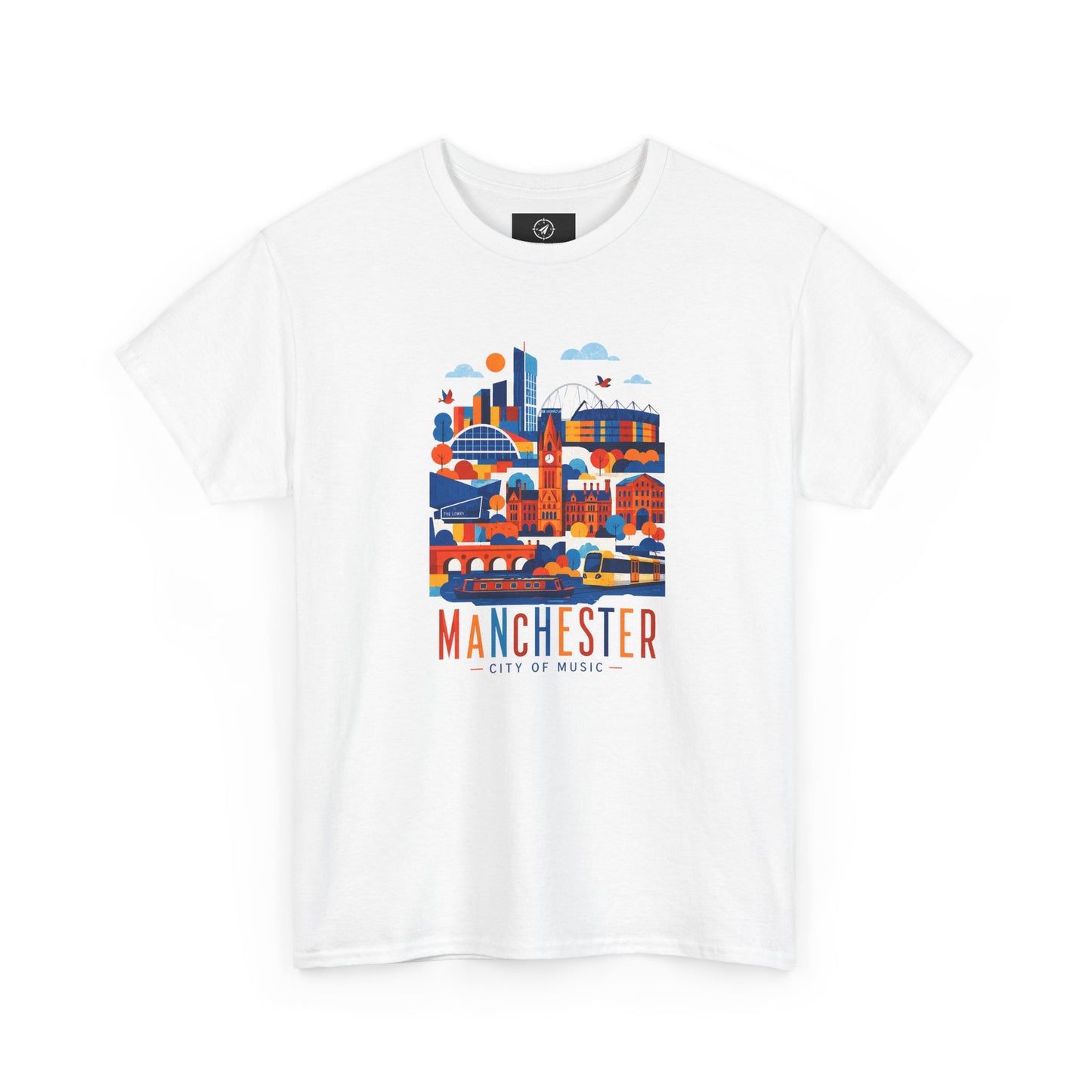 White short-sleeve crewneck T-shirt with Manchester skyline graphic on front