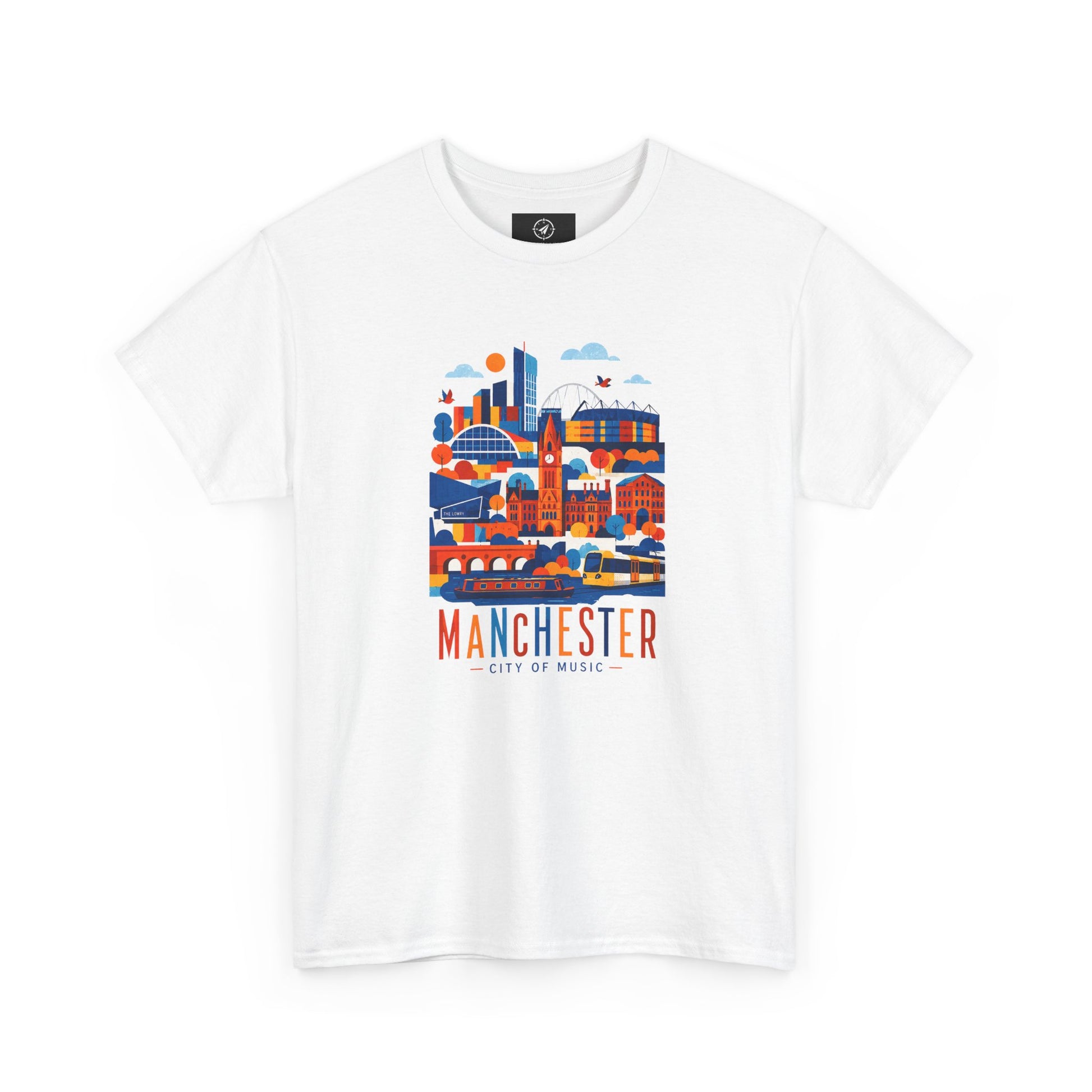 White short-sleeve crewneck T-shirt with Manchester skyline graphic on front