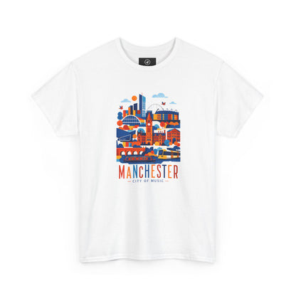 White short-sleeve crewneck T-shirt with Manchester skyline graphic on front