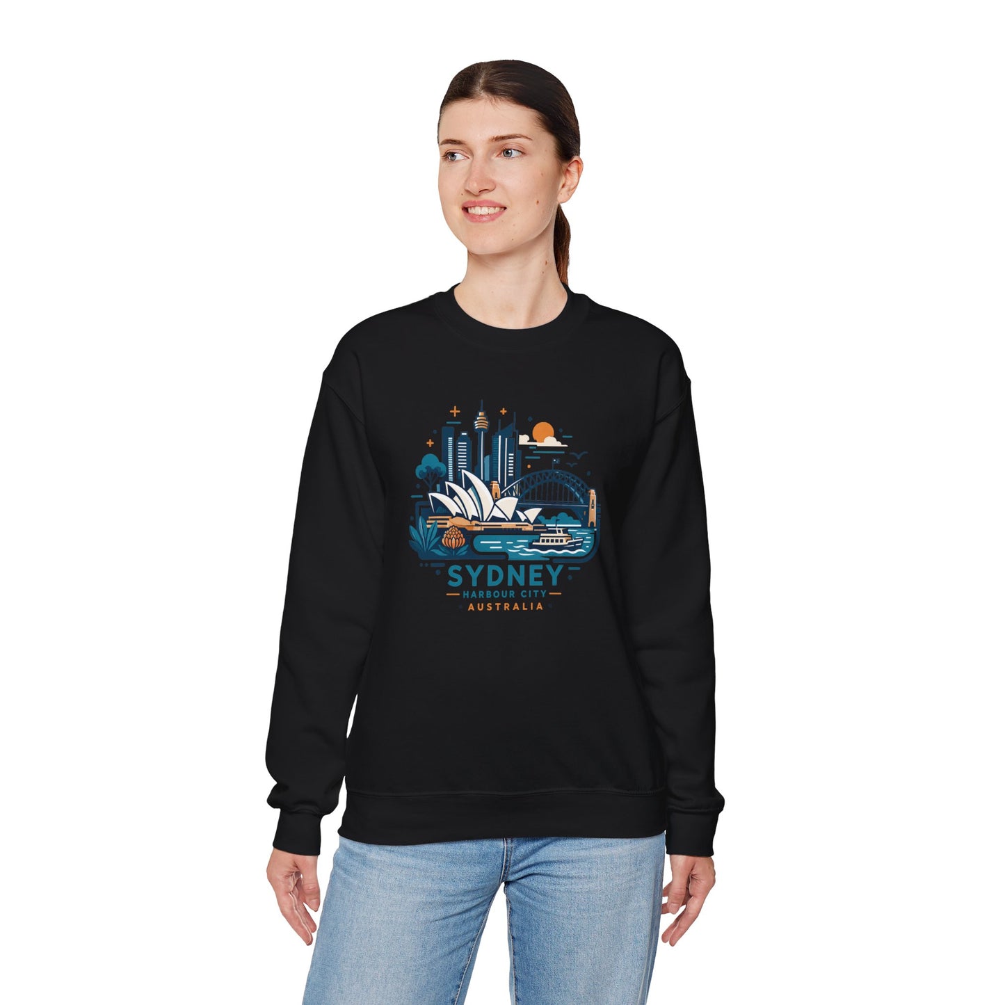Black crewneck sweatshirt with colorful Sydney harbor city graphic on chest