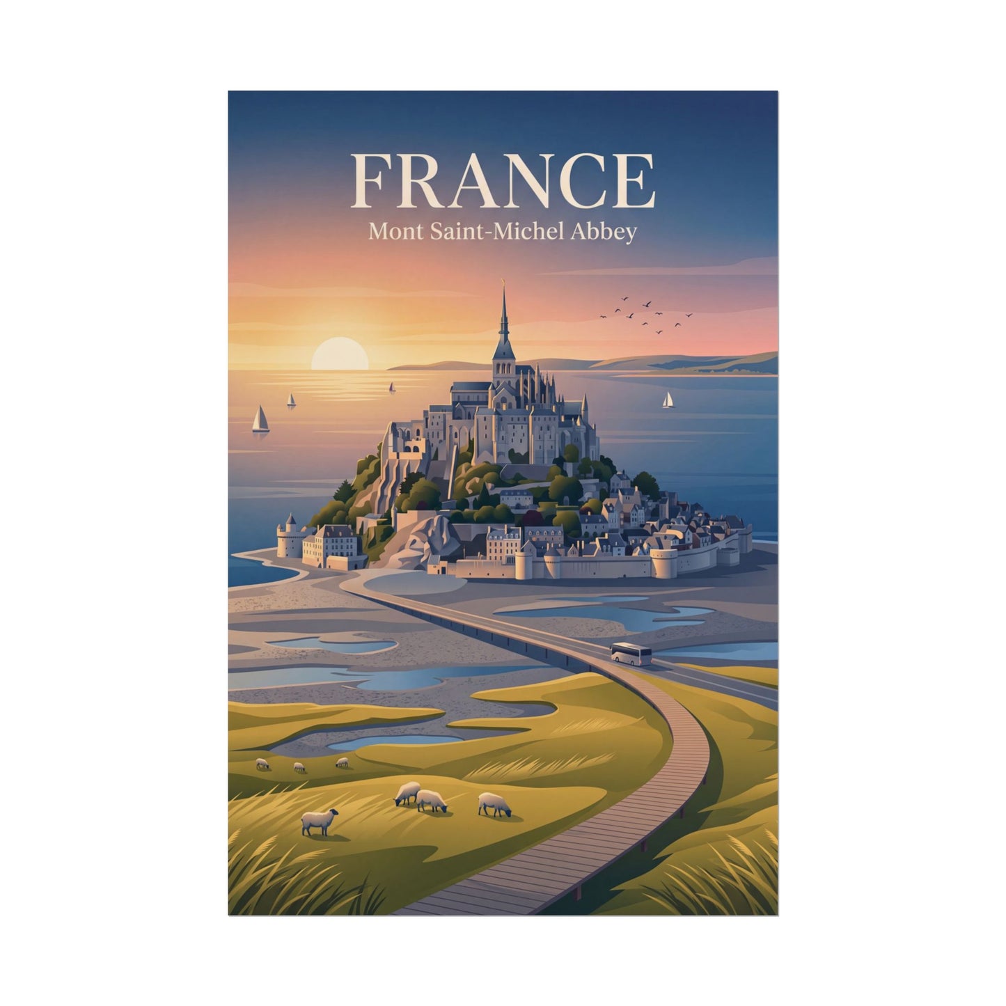 Vertical France series poster with Mont Saint-Michel Abbey landscape, blue dusk sky
