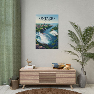 Ontario Niagara Falls rolled poster on wall, blue river with waterfalls and city skyline