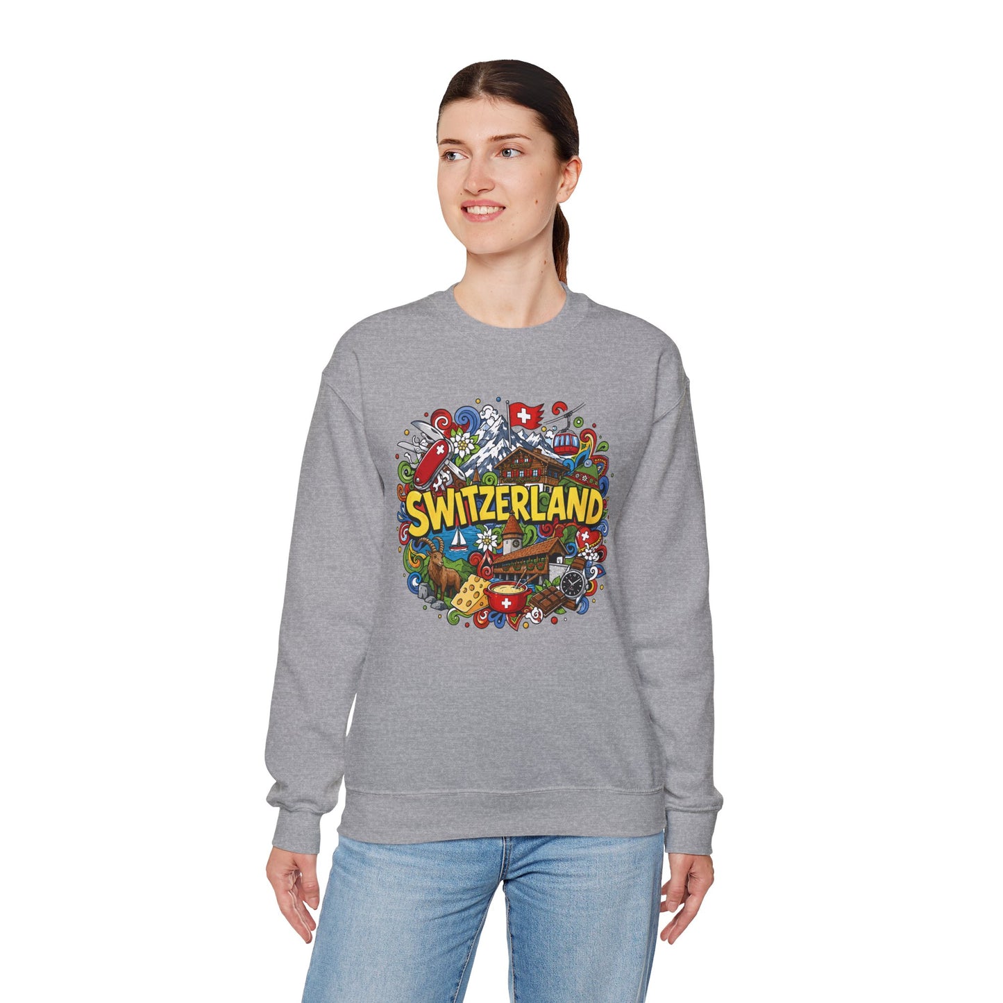 Sport gray sweatshirt with colorful Switzerland graphic print across the chest