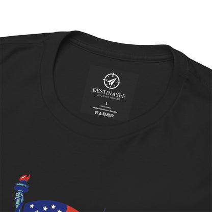 Black T-shirt with printed neckline label and partial Statue of Liberty graphic