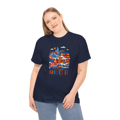 Navy crewneck t-shirt with centered colorful Manchester skyline print