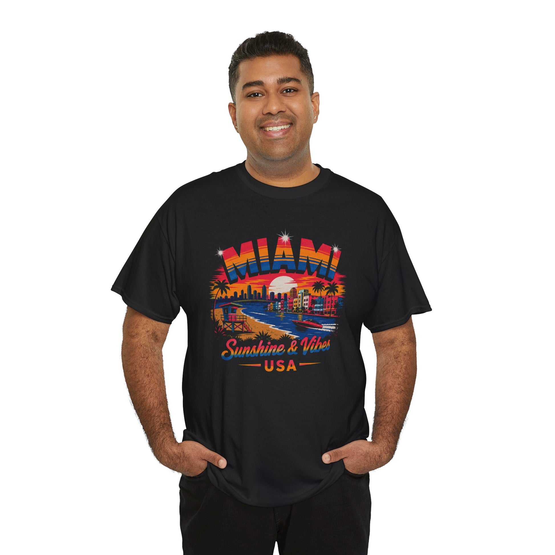 Black crewneck graphic T-shirt with colorful Miami street scene and “Sunshine & Vibes USA”