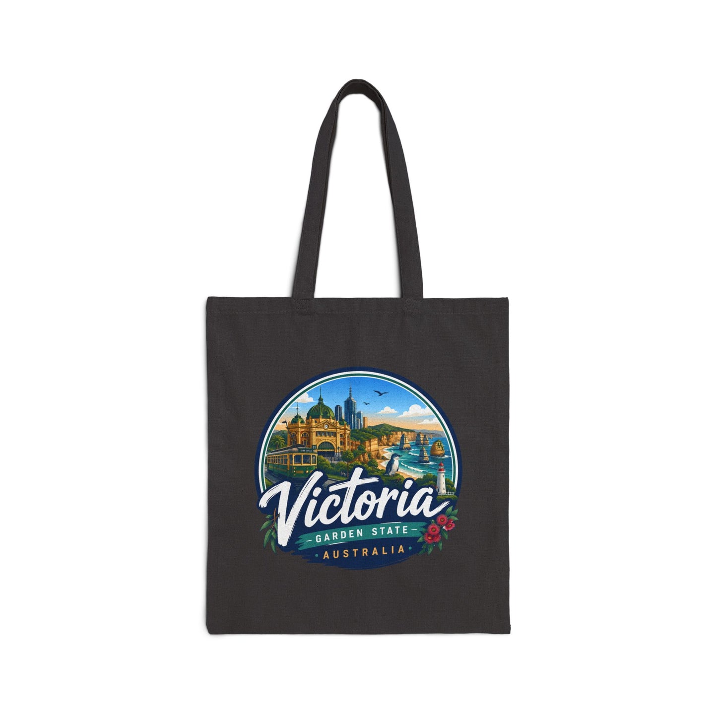 Black canvas vintage travel tote bag with circular Victoria Australia logo graphic